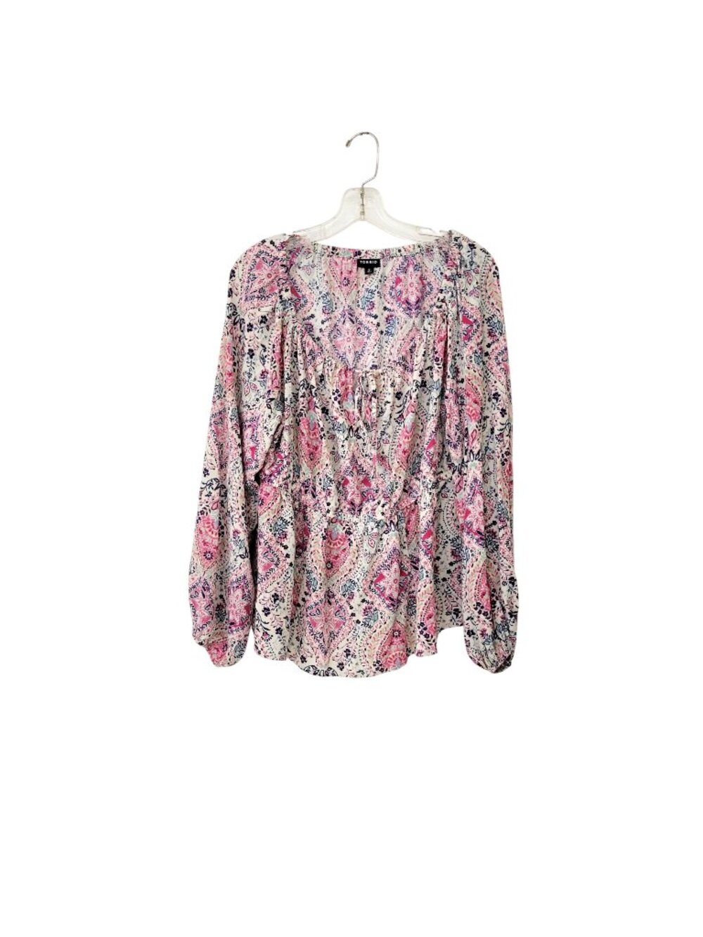 Torrid Floral Paisley Peasant Blouse Pink Cream Long Sleeve Elastic Hem Size Lar
